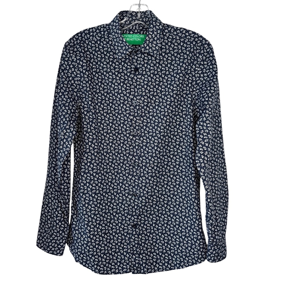 United Colors of Benetton Navy Blue White Floral Cotton Button Down Shirt Small
